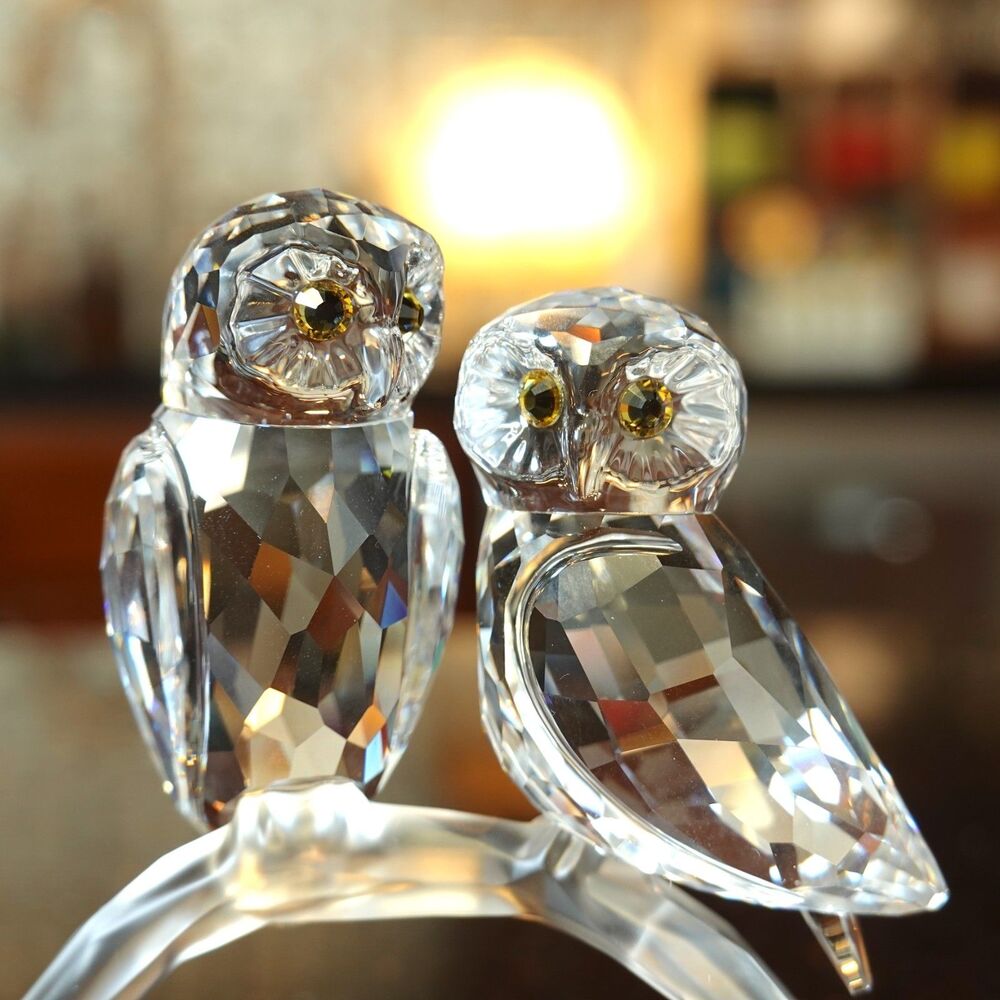 Swarovski Crystal Figurine Owl Couple Pair Birds on Branch Retired